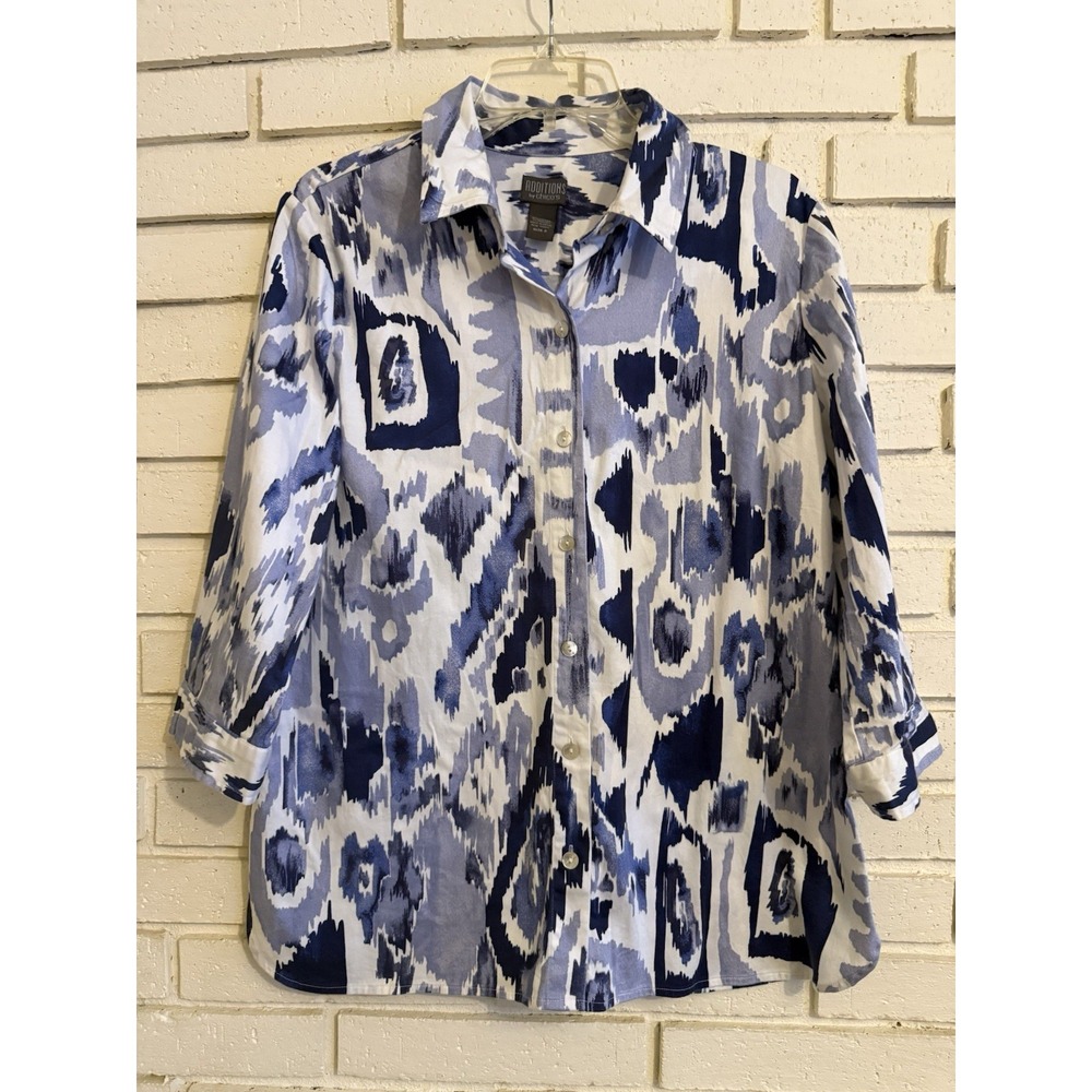 Additions by Chicos 2 Blue & White Button up 3/4 Sleeve Shirt Size Large